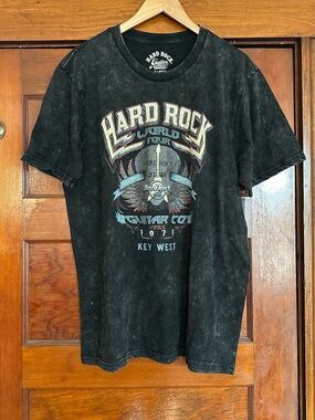 New Hard Rock Key West 50th World Tour Graphic Tee Size XL Black Mineral Wash